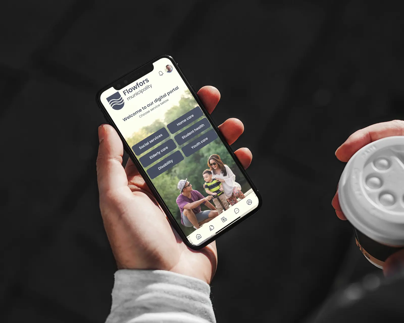 A mobile app portal for healthcare and social services in a municipality.
