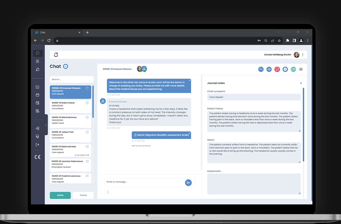 Curoflow telemedicine software with video calls, chats and forms for automated anamnesis