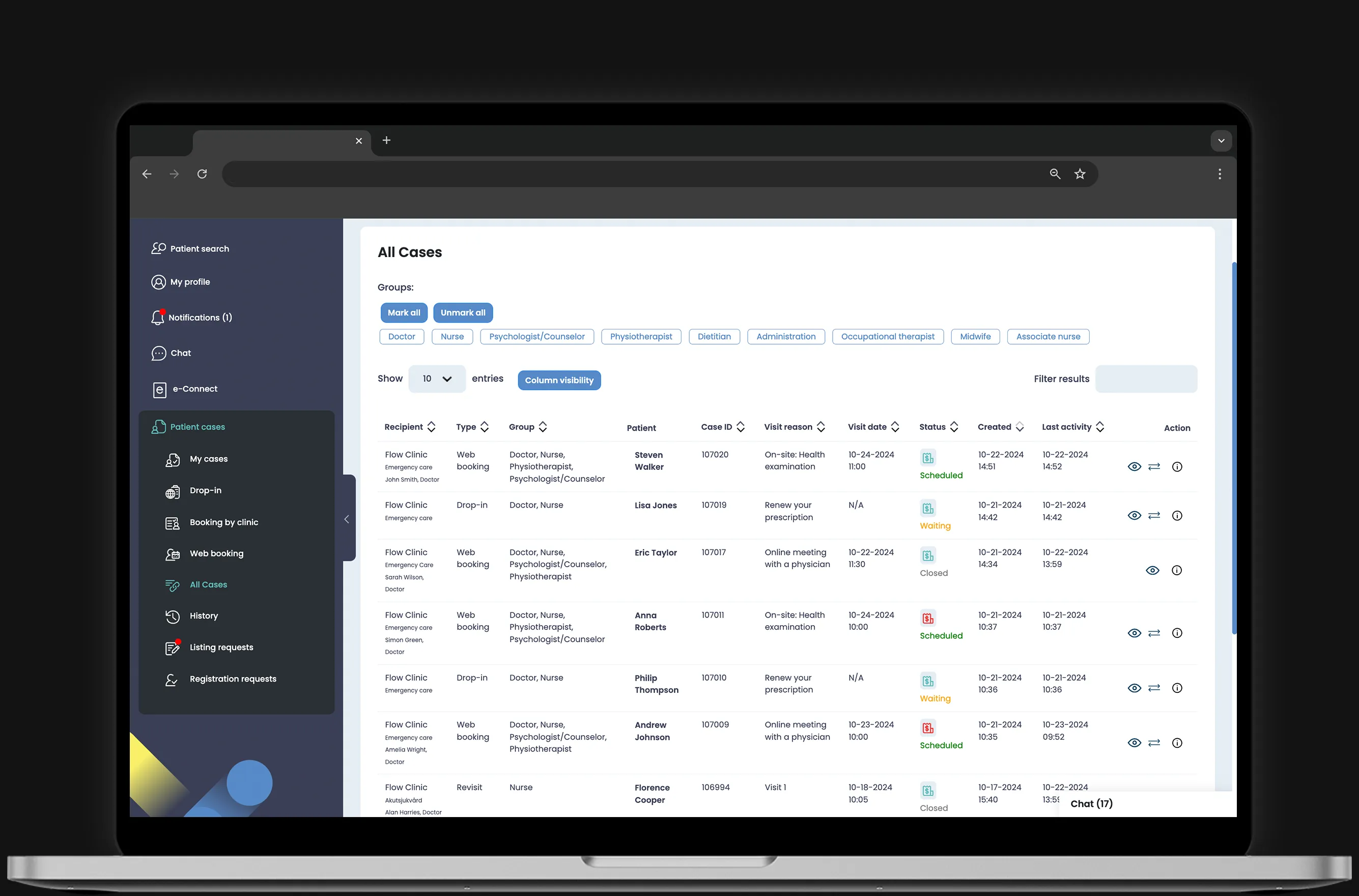 Digital patient portal in Curoflow telemedicine software.